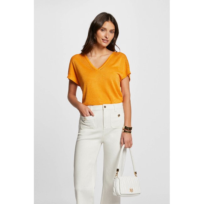 Pull col en V manches courtes orange <span itemprop=