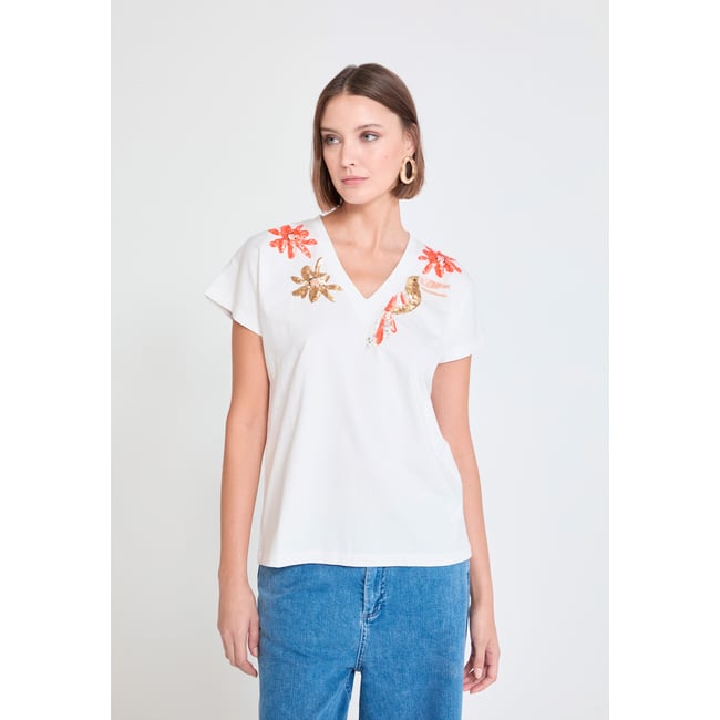 T-shirt col V à broderies florales et sequins en coton blanc <span itemprop=