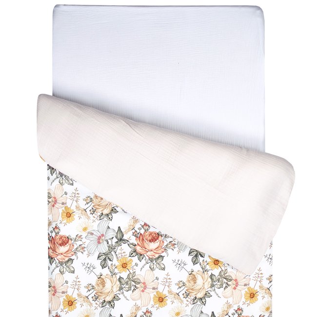 Housse de couette réversible en coton et gaze de coton NÉO VINTAGE néo vintage imprimé floral, beige, blanc <span itemprop=