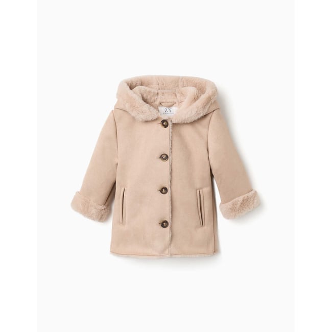 Manteau en suédine à capuche et doublure en peluche douce synthétique beige clair <span itemprop=