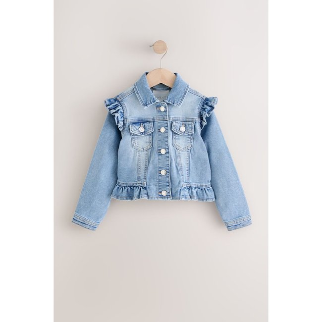 Veste en jean avec épaules à volants bleu moyen <span itemprop=