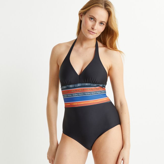 Fato de banho modelo triângulo preto/estampado <span itemprop=