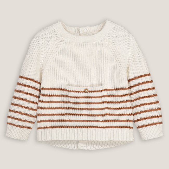 Chunky Cotton Knit Jumper with Buttoned Back and Crew Neck, brown stripes/ecru, LA REDOUTE COLLECTIONS