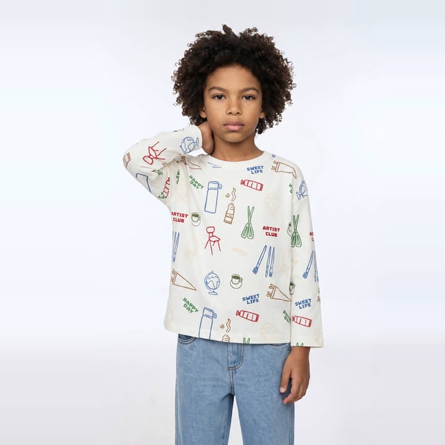 T-Shirt manches longues imprimé en coton BIO GOTS naturel <span itemprop=