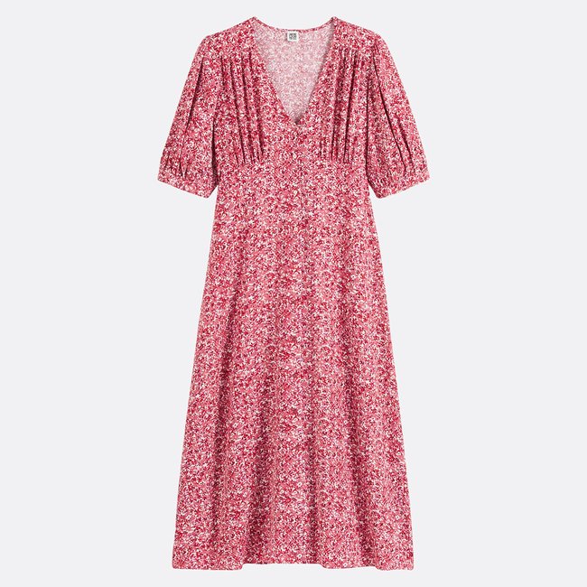 Robe longue fluide, col V, imprimé floral imprimé rose <span itemprop=