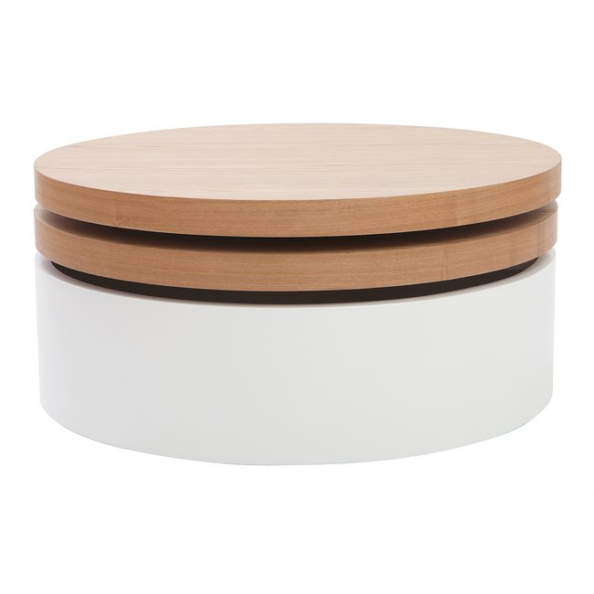 Table basse ronde avec plateaux pivotants et rangement blanc et bois clair chêne D80 cm ICON Couleur bois clair / blanc <span itemprop=