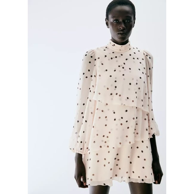 Robe à pois manches bouffantes écru <span itemprop=