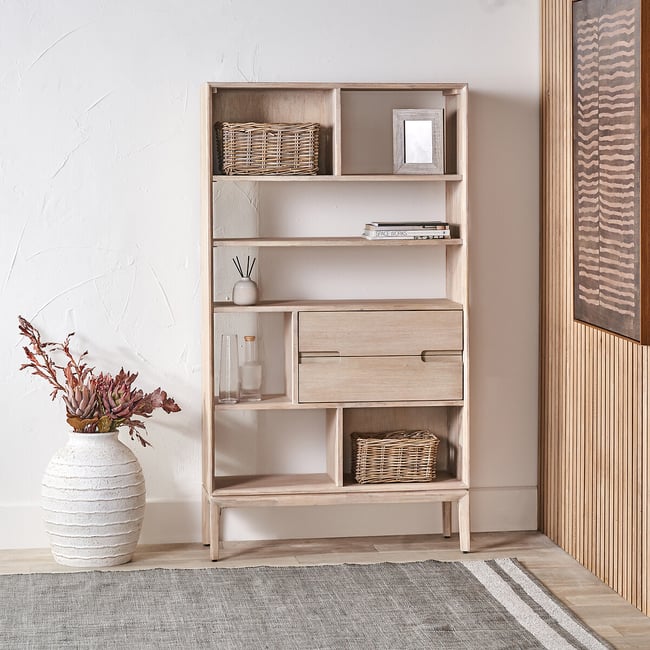 Giano Acacia Wood 7-Shelf Display Unit, ivory white, SO'HOME