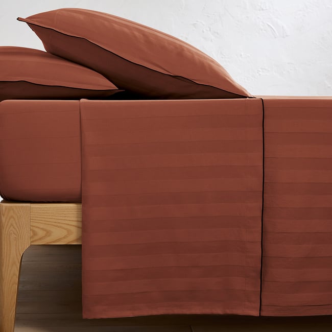 Victor Striped 100% Washed Cotton Satin 300 Thread Count Flat Sheet, mahogany, LA REDOUTE INTERIEURS