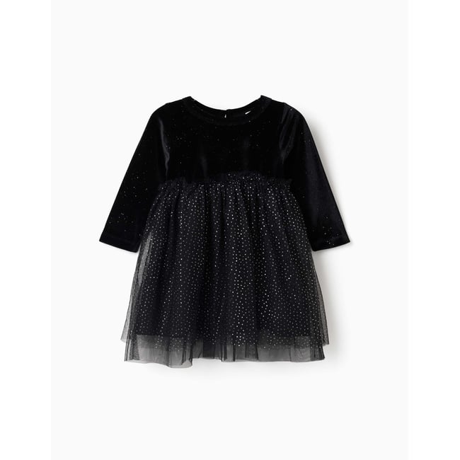Robe à manches longues en velours et tulle avec fil textile noir <span itemprop=