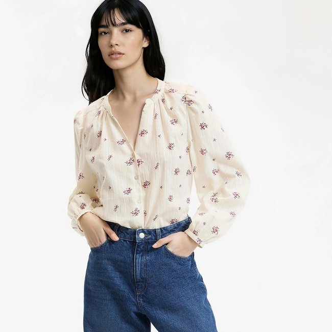 Blouse col V manches longues imprimé floral imprimé fleurs fond écru <span itemprop=