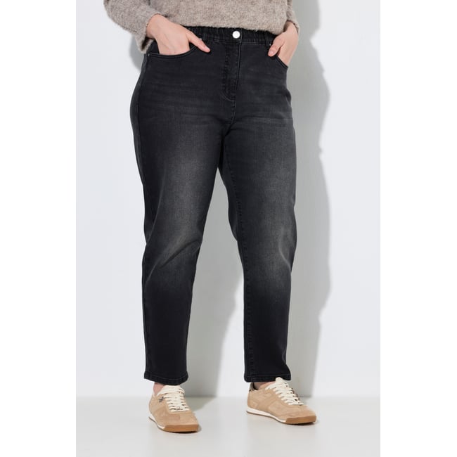Jean Mom jambe carotte, denim stretch noir <span itemprop=