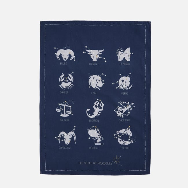 Torchon imprimé LES SIGNES ASTROLOGIQUES bleu foncé <span itemprop=