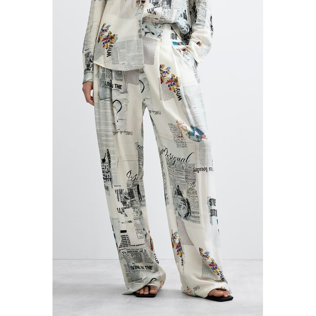 Pantalon imprimé à jambe large beige <span itemprop=
