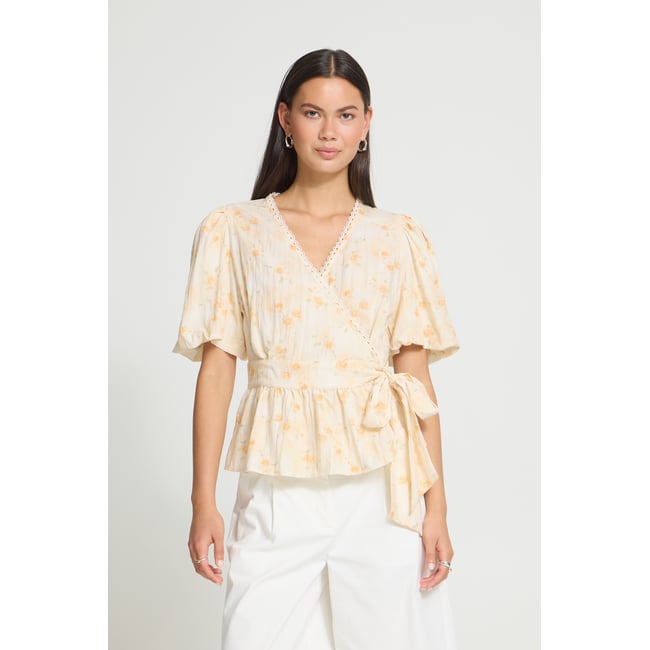 Á manches courtes jaune flan flowers <span itemprop=
