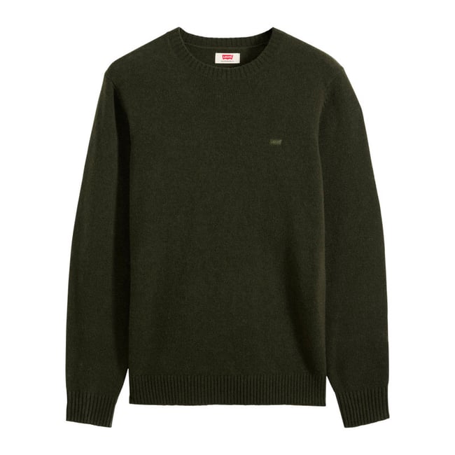 Pull en laine mélangée kaki à coupe ajustée pourvu d'un col rond vert <span itemprop=