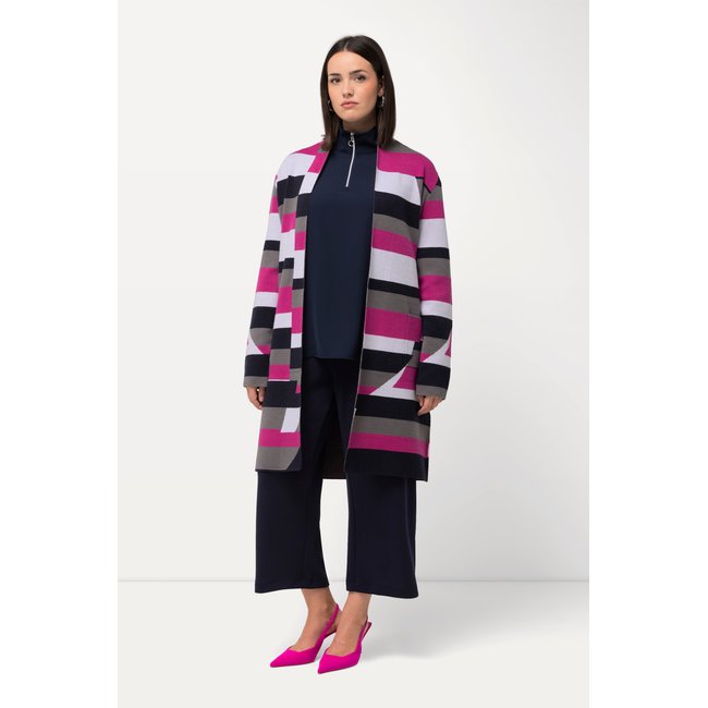 Cardigan motif Jacquard. Coupe ouverte et rose vif oriental <span itemprop=