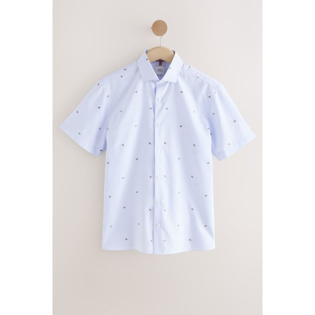 Chemise oxford rayée motif fruits bleu bengale melon <span itemprop=