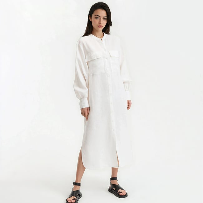Robe droite en lin, longue, manches longues  blanc cassé <span itemprop=