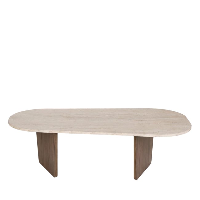 Table basse ovale en bois et effet travertin 130x65cm- SOMA Couleur beige <span itemprop=