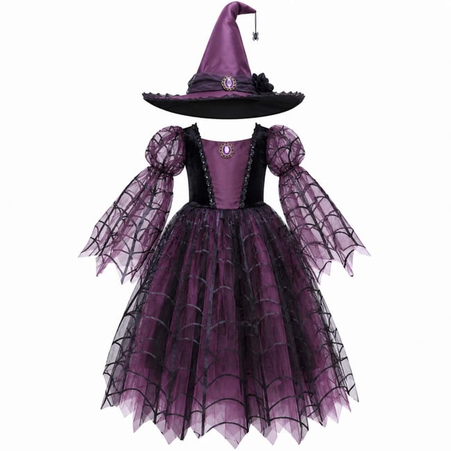 Déguisement enfant – Robe sorcière araignée violet <span itemprop=