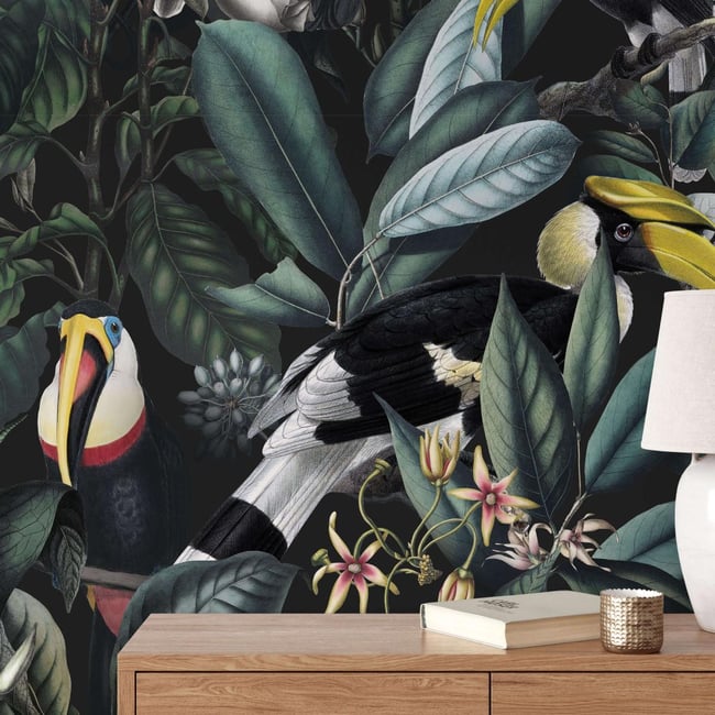 Papier peint avec plantes tropicales et toucans - 510x260 cm (l x h) Couleur noir <span itemprop=