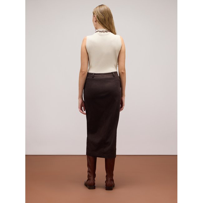 Jupe crayon mi-longue en tissu effet daim avec bords à coupe nette marron <span itemprop=