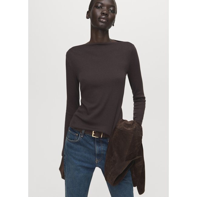T-shirt col bateau manches longues chocolat <span itemprop=