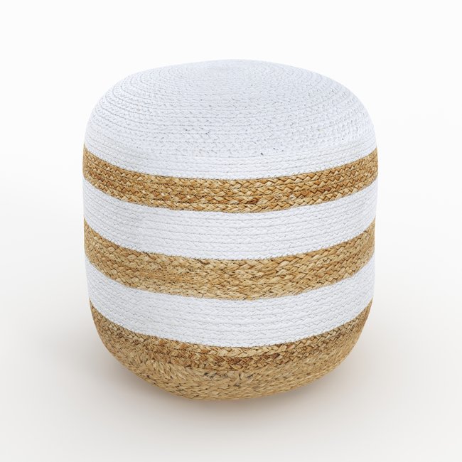 Pouf rond en jute, rayures D40 cm - BILLY Couleur beige et blanc <span itemprop=