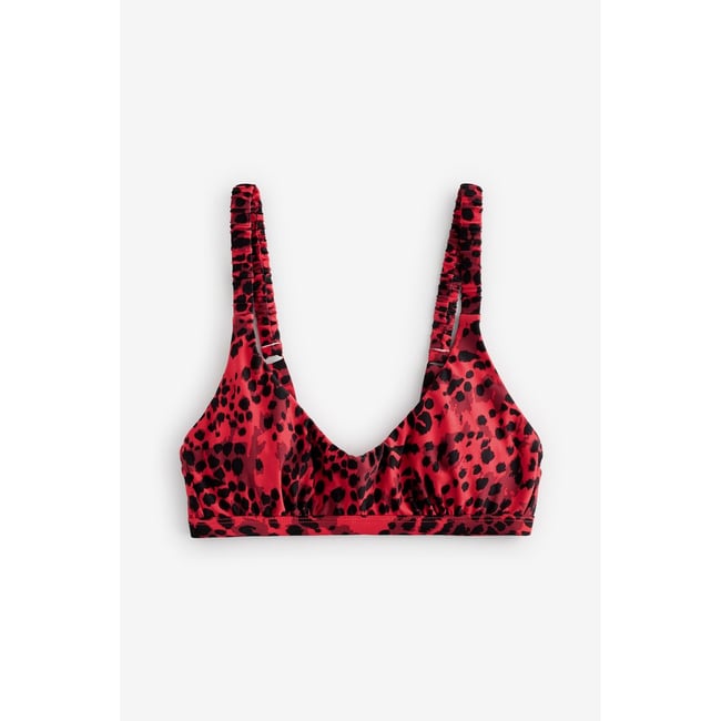 Haut de bikini court froncé rouge léopard <span itemprop=