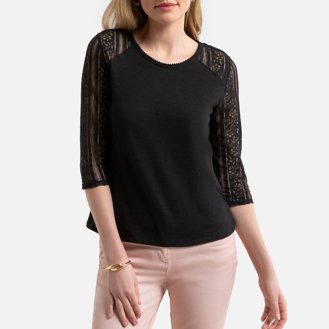 T-shirt zonder kraag met mouwen in kant <span itemprop=