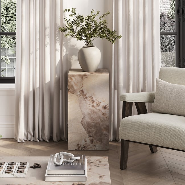 Serafina Pandora Tall Faux Marble Block Side Table, marbled beige, ÉDITÉ