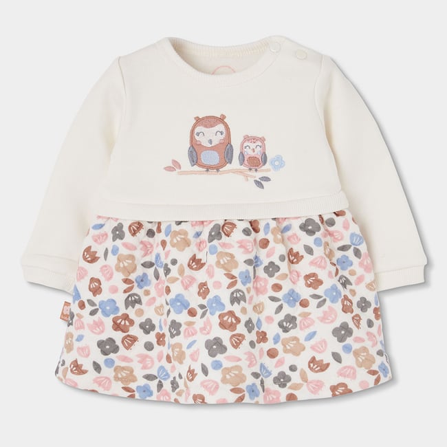Robe en maille fleurs brodées hiboux bébé blanc <span itemprop=