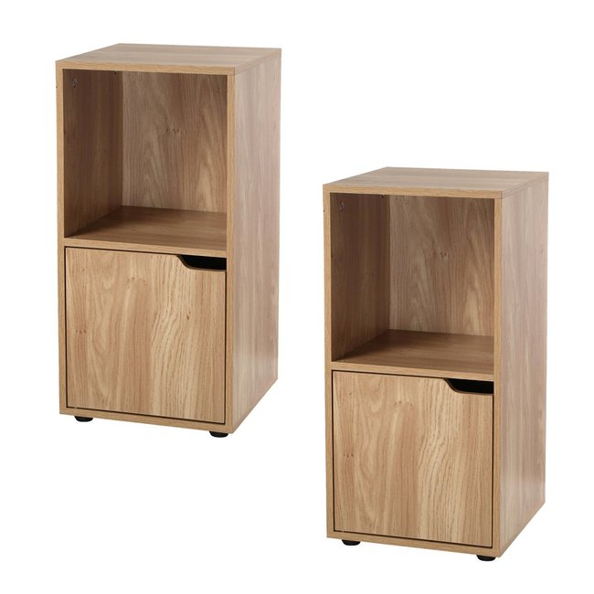 Tables de chevet 2 cases décor bois 1 porte - lot de 2 - MODU Couleur bois clair <span itemprop=
