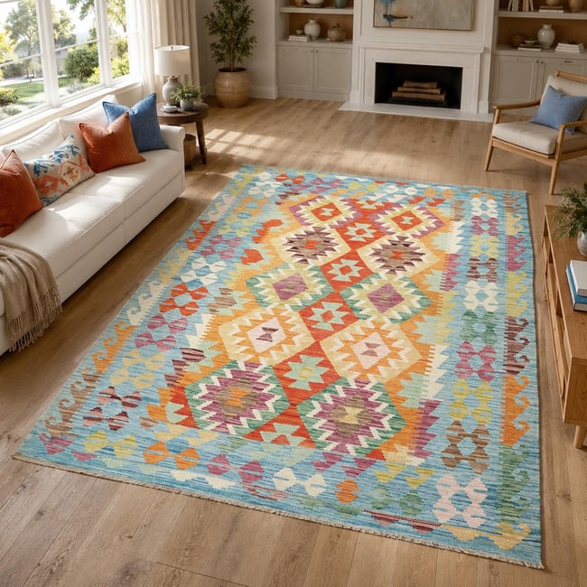 Tapis kilim ethnique, tissé plat en laine naturelle, KILIM 25 Couleur multicolore, bleu, orange <span itemprop=