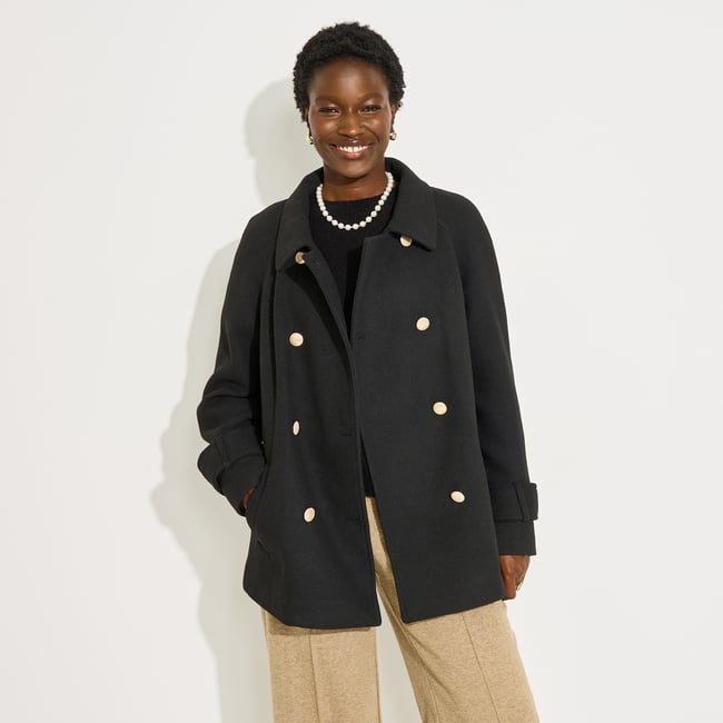 Manteau court droit caban boutonné noir <span itemprop=