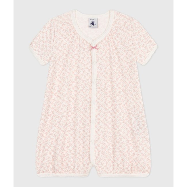 Macacão curto em algodão floral branco/rosa <span itemprop=