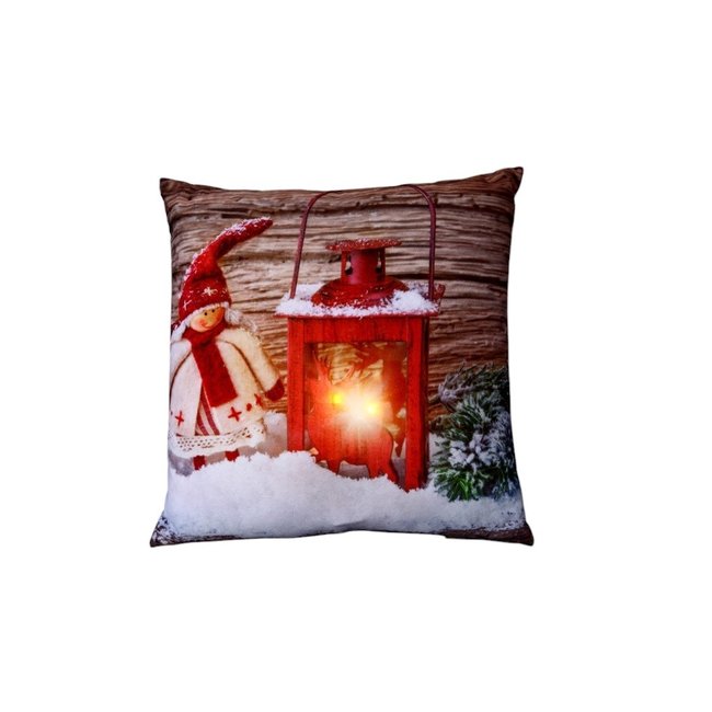 Coussin lumineux Lanterne et poupee de Noel rouge <span itemprop=