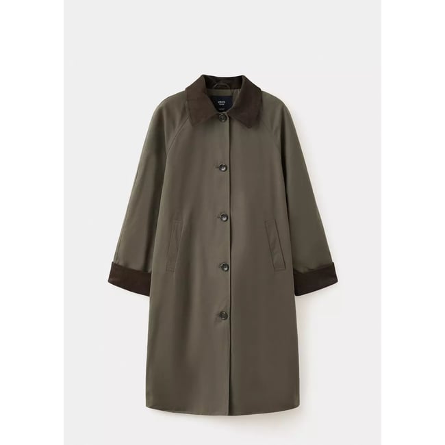 Trench long en coton avec col en velours côtelé vert foncé <span itemprop=