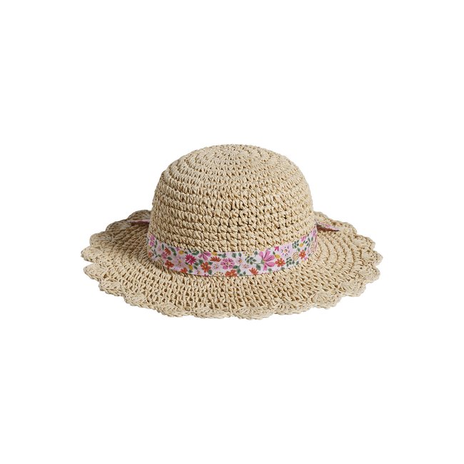 Chapeau aspect paille effet crochet avec ruban imprimé rose pâle <span itemprop=