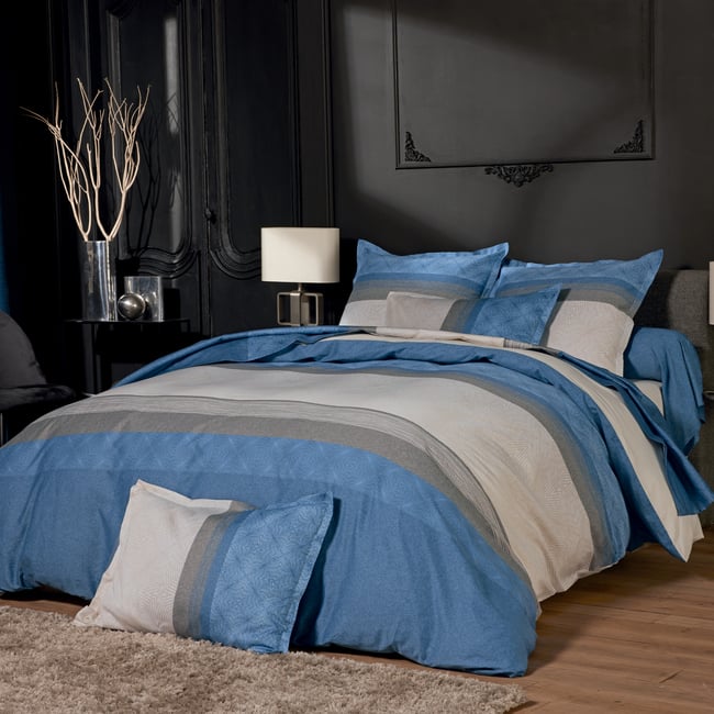 Drap satin de coton géométrique bleu <span itemprop=