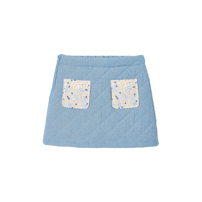 Jupe en denim matelassé poches imprimées fleurs double stone <span itemprop=
