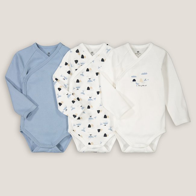 Pack of 3 Newborn Bodysuits in Organic Cotton with Long Sleeves ecru + blue LA REDOUTE COLLECTIONS