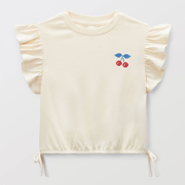 T-shirt brodé et détails noeuds en coton butter cream <span itemprop=