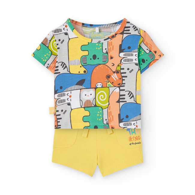 Ensemble t-shirt imprimé et short uni jaune <span itemprop=