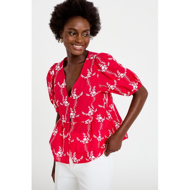 Blouse col v manches courtes brodée rouge <span itemprop=