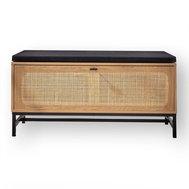 Banc avec Rangement Chaussures et Façade en Rotin L100 cm - JAYA Couleur bois clair <span itemprop=