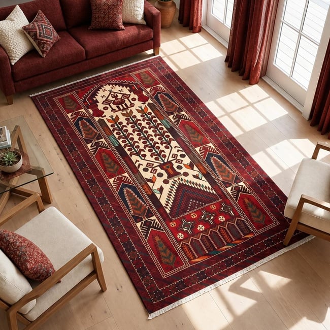 Tapis d'orient oriental, noué main en laine, BALUTSCH 1 Couleur rouge, crème, noir <span itemprop=