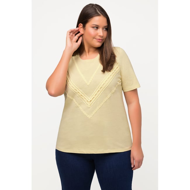 T-shirt, motif tressé, col rond vert jaune vif <span itemprop=