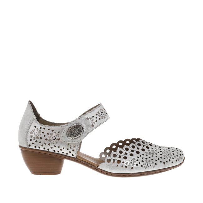 Escarpins emboitant argent à talon décroché moyen et bande auto-agrippante argent <span itemprop=